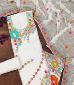 White georgette sequin & floral pattern multicolor thread work kurta bottom dupatta