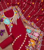 Red georgette sequin & floral pattern multicolor thread work kurta bottom dupatta