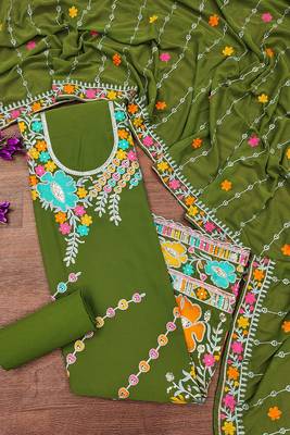 Olive green georgette sequin & floral pattern multicolor thread work kurta bottom dupatta 1