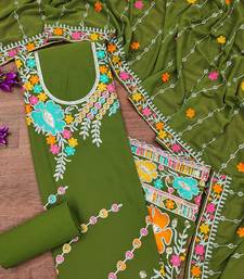 Olive green georgette sequin & floral pattern multicolor thread work kurta bottom dupatta