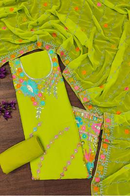 Light green georgette sequin & floral pattern multicolor thread work kurta bottom dupatta 1