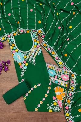 Dark green georgette sequin & floral pattern multicolor thread work kurta bottom dupatta 1