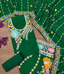 Dark green georgette sequin & floral pattern multicolor thread work kurta bottom dupatta