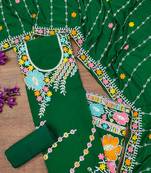 Dark green georgette sequin & floral pattern multicolor thread work kurta bottom dupatta