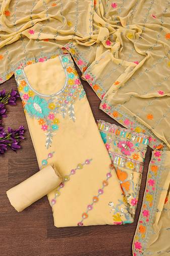 Beige georgette sequin & floral pattern multicolor thread work kurta bottom dupatta