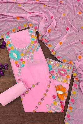 Baby pink georgette sequin & floral pattern multicolor thread work kurta bottom dupatta 1