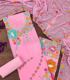 Baby pink georgette sequin & floral pattern multicolor thread work kurta bottom dupatta