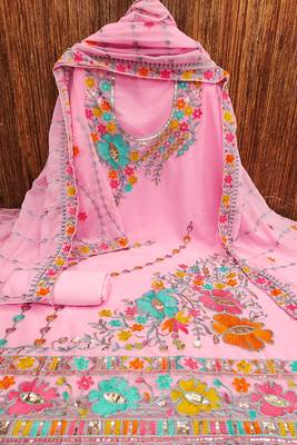 Baby pink georgette sequin & floral pattern multicolor thread work kurta bottom dupatta 2