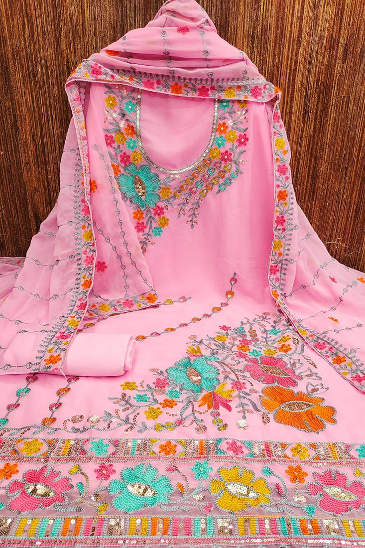 Baby pink georgette sequin & floral pattern multicolor thread work kurta bottom dupatta