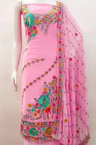 Baby pink georgette sequin & floral pattern multicolor thread work kurta bottom dupatta