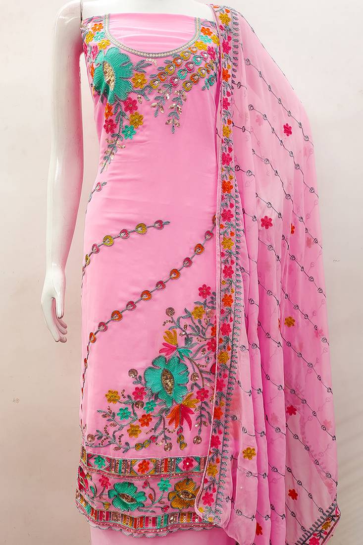 Baby pink georgette sequin & floral pattern multicolor thread work kurta bottom dupatta