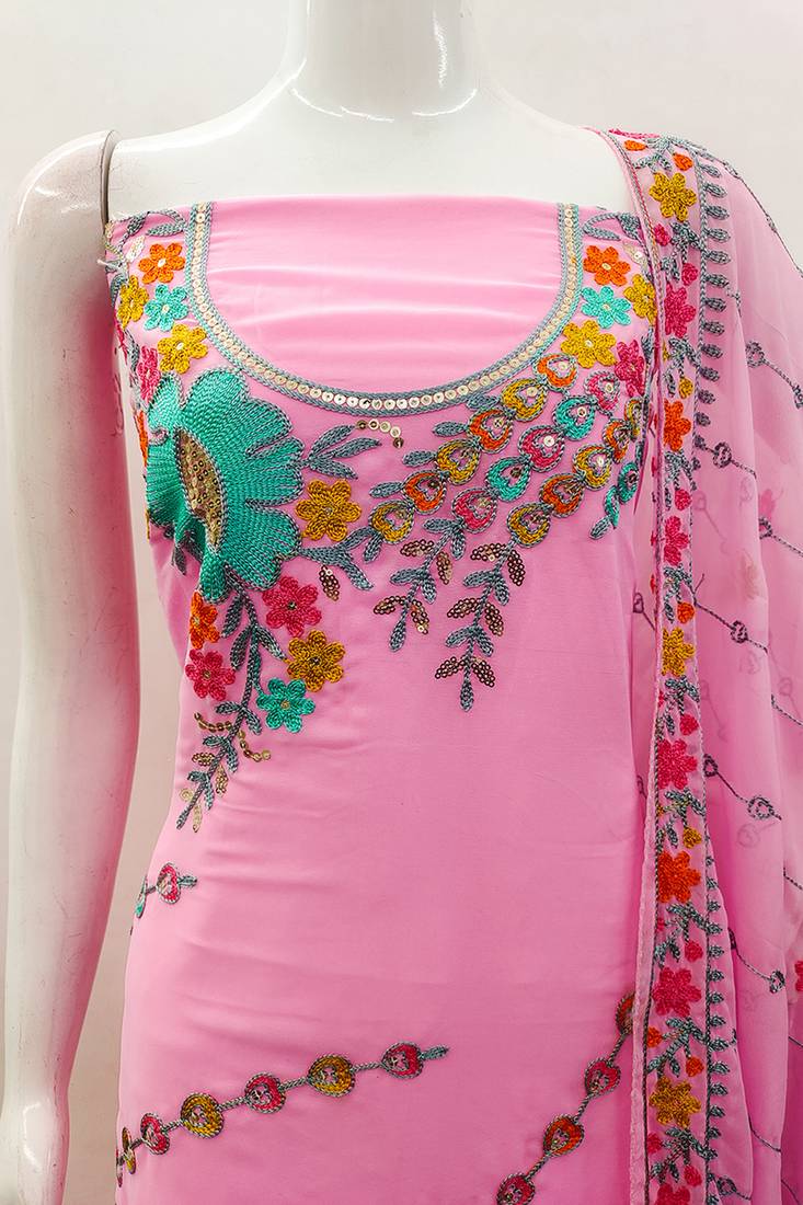 Baby pink georgette sequin & floral pattern multicolor thread work kurta bottom dupatta