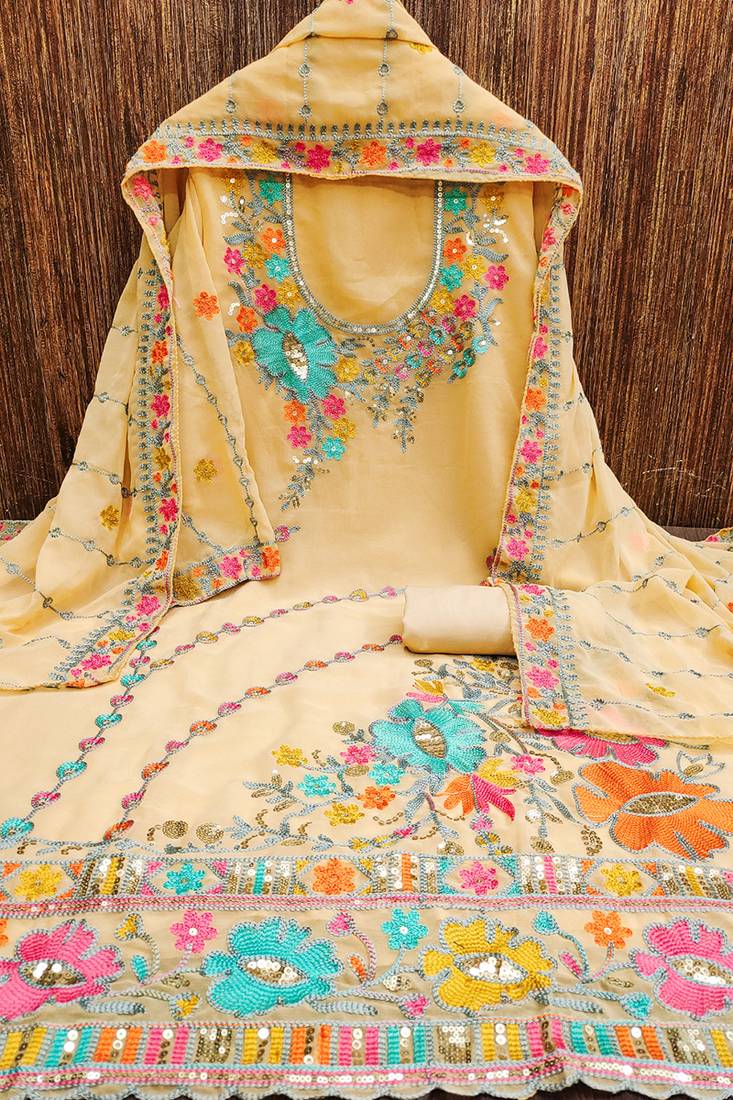 Beige georgette sequin & floral pattern multicolor thread work kurta bottom dupatta
