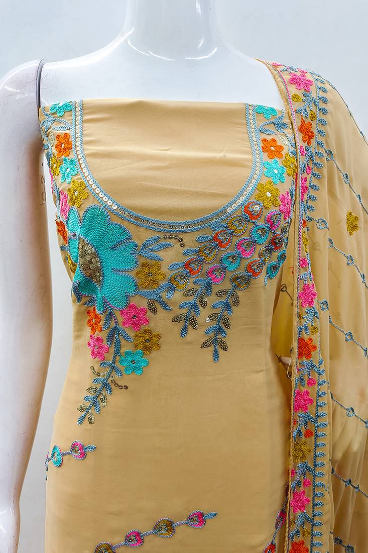 Beige georgette sequin & floral pattern multicolor thread work kurta bottom dupatta