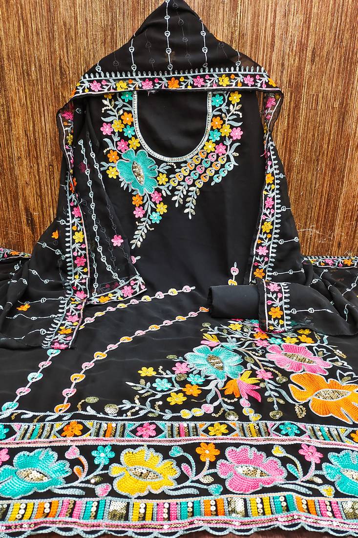 Black georgette sequin & floral pattern multicolor thread work kurta bottom dupatta