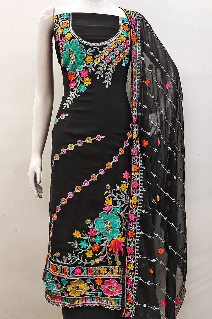 Black georgette sequin & floral pattern multicolor thread work kurta bottom dupatta