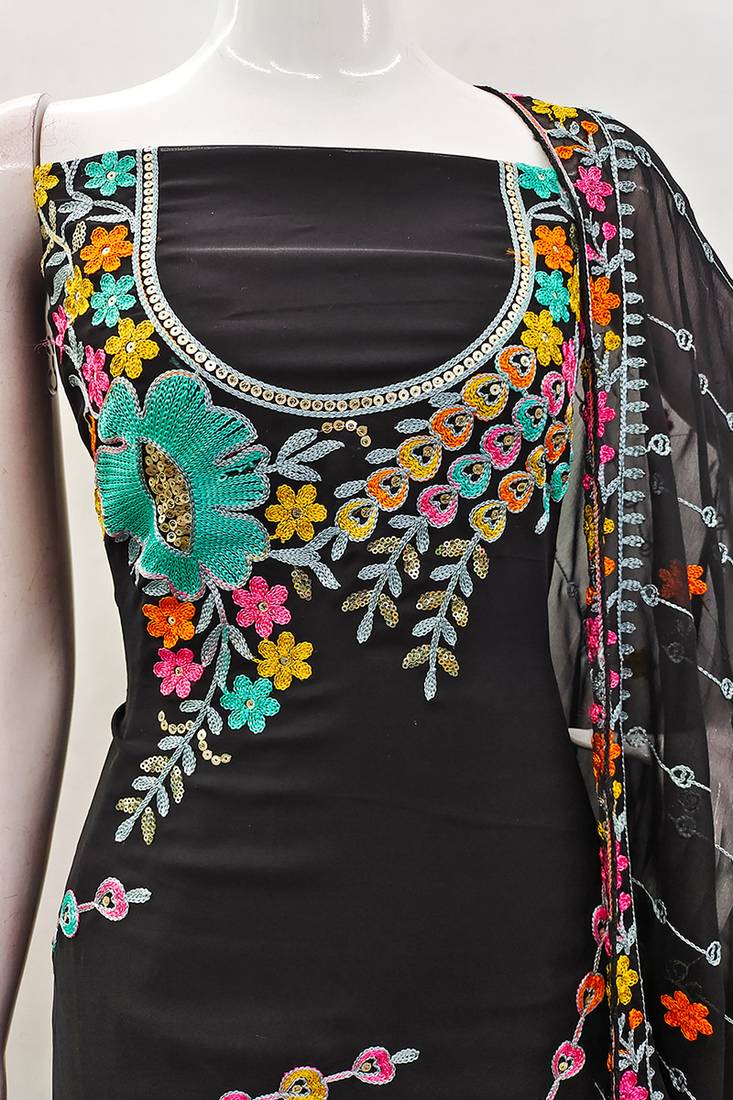 Black georgette sequin & floral pattern multicolor thread work kurta bottom dupatta