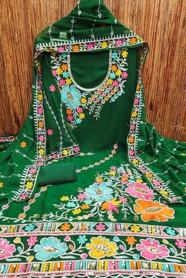 Dark green georgette sequin & floral pattern multicolor thread work kurta bottom dupatta 2