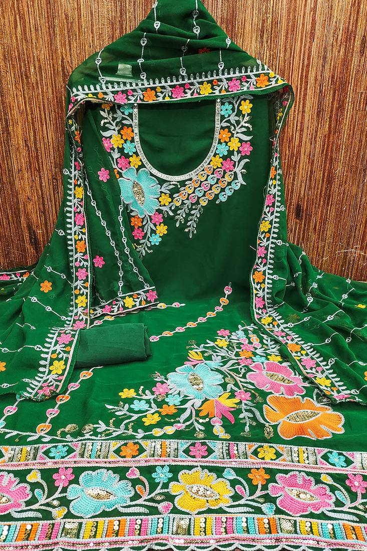 Dark green georgette sequin & floral pattern multicolor thread work kurta bottom dupatta