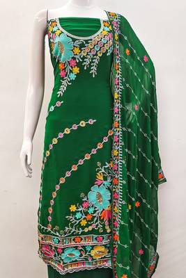 Dark green georgette sequin & floral pattern multicolor thread work kurta bottom dupatta 3