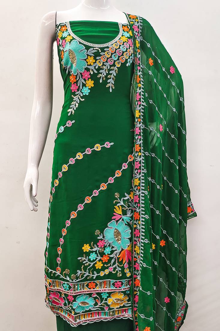 Dark green georgette sequin & floral pattern multicolor thread work kurta bottom dupatta