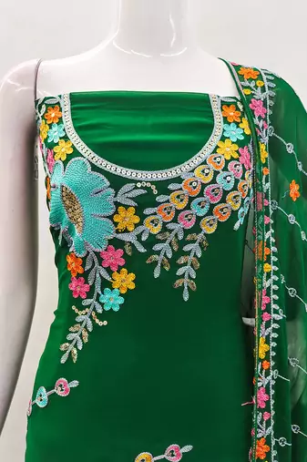 Dark green georgette sequin & floral pattern multicolor thread work kurta bottom dupatta