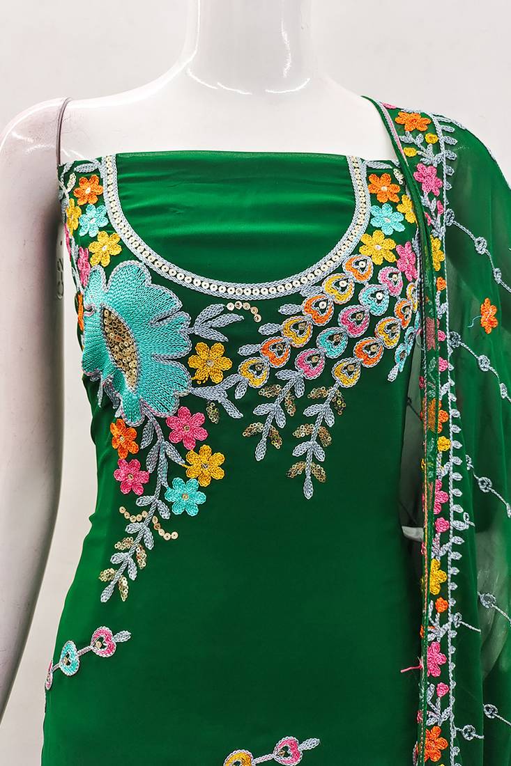 Dark green georgette sequin & floral pattern multicolor thread work kurta bottom dupatta