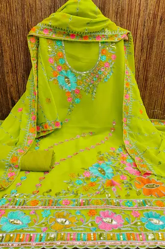 Light green georgette sequin & floral pattern multicolor thread work kurta bottom dupatta