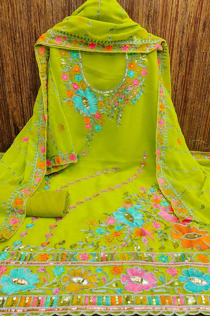 Light green georgette sequin & floral pattern multicolor thread work kurta bottom dupatta