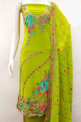 Light green georgette sequin & floral pattern multicolor thread work kurta bottom dupatta 3