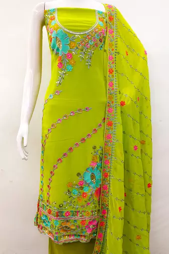 Light green georgette sequin & floral pattern multicolor thread work kurta bottom dupatta