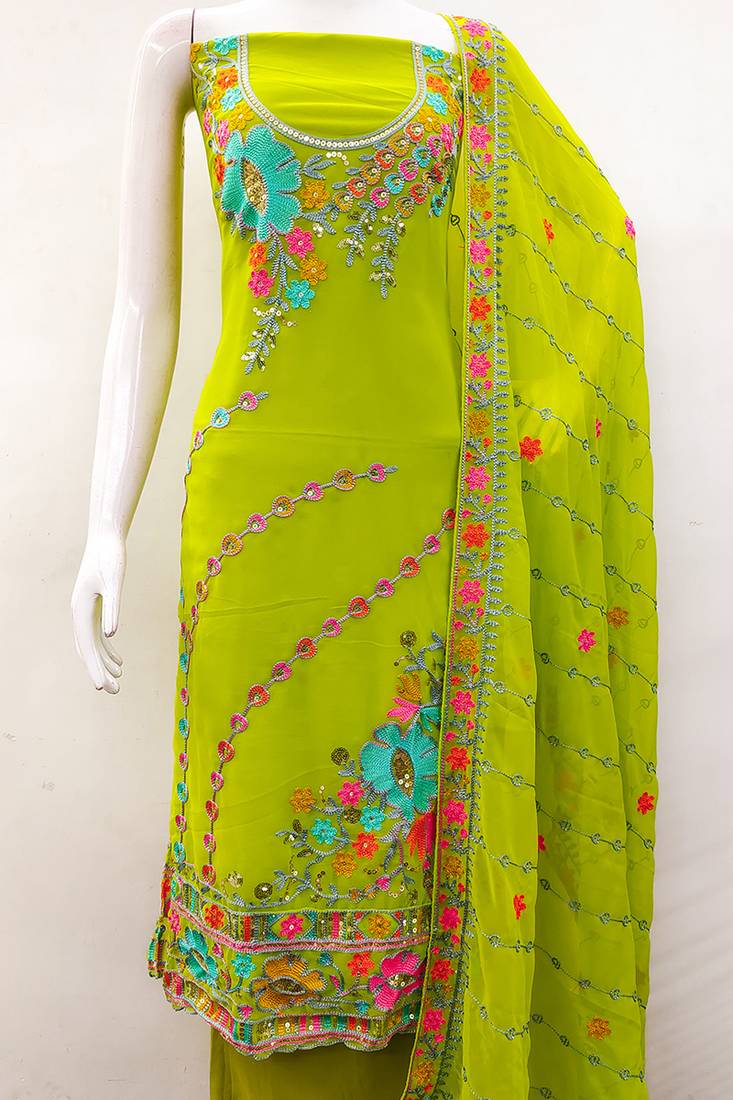 Light green georgette sequin & floral pattern multicolor thread work kurta bottom dupatta