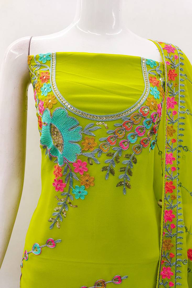 Light green georgette sequin & floral pattern multicolor thread work kurta bottom dupatta