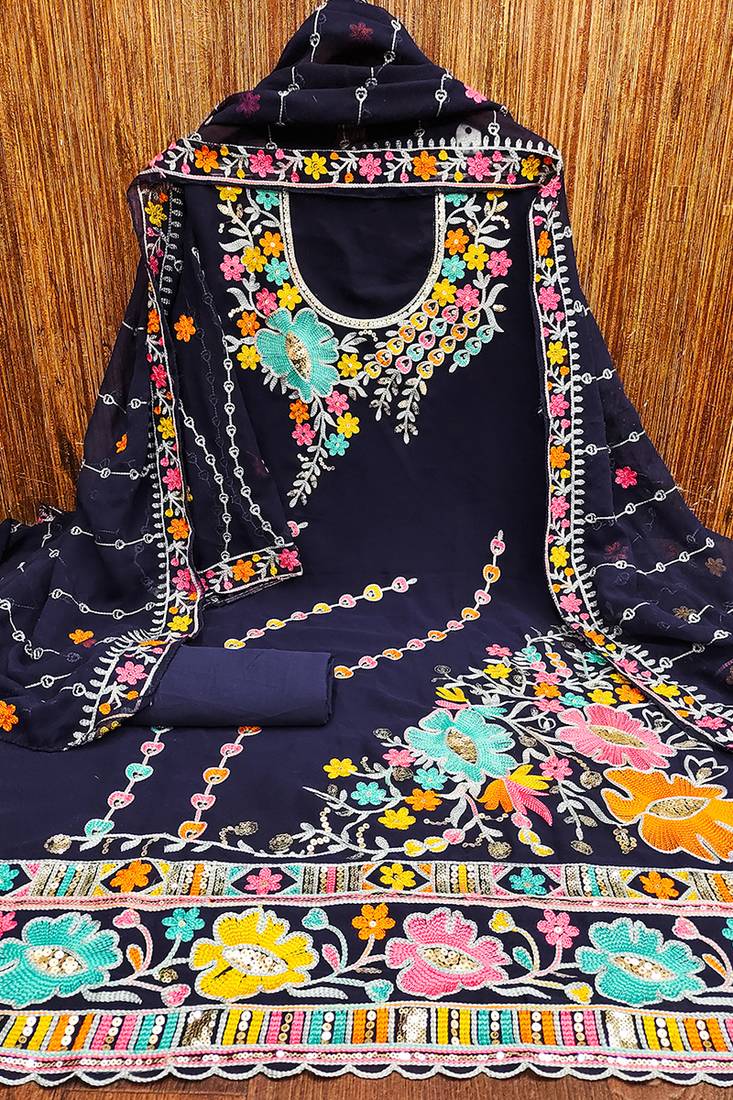 Navy blue georgette sequin & floral pattern multicolor thread work kurta bottom dupatta