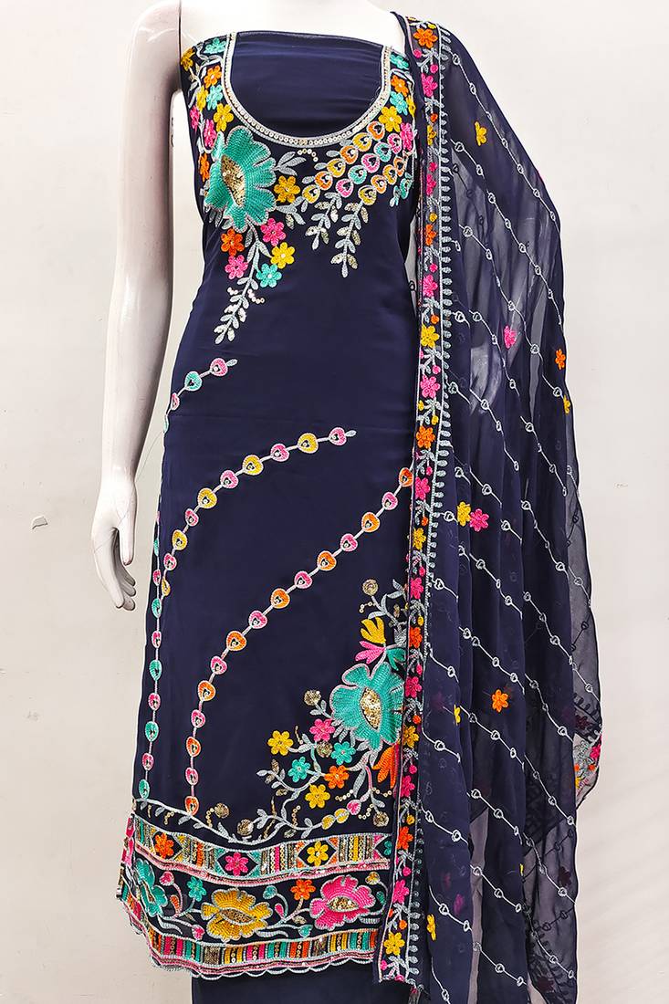 Navy blue georgette sequin & floral pattern multicolor thread work kurta bottom dupatta