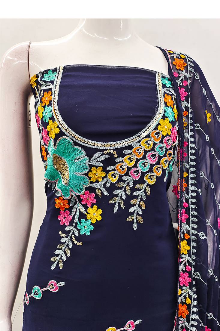 Navy blue georgette sequin & floral pattern multicolor thread work kurta bottom dupatta