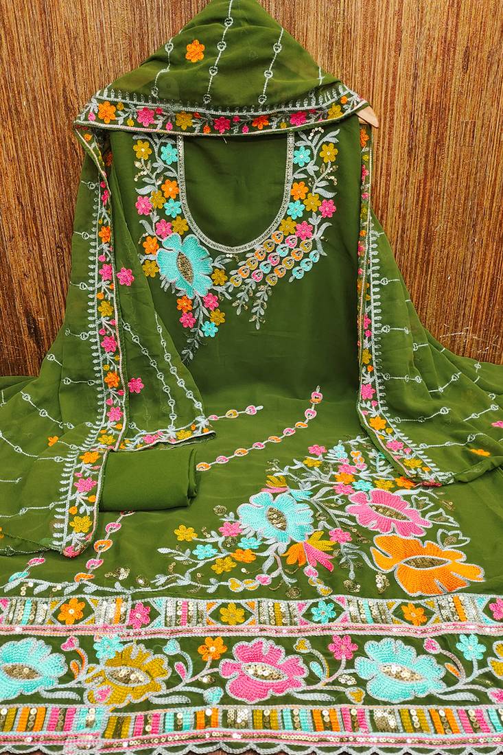 Olive green georgette sequin & floral pattern multicolor thread work kurta bottom dupatta