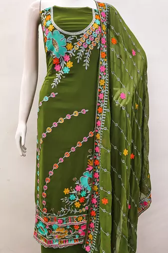 Olive green georgette sequin & floral pattern multicolor thread work kurta bottom dupatta