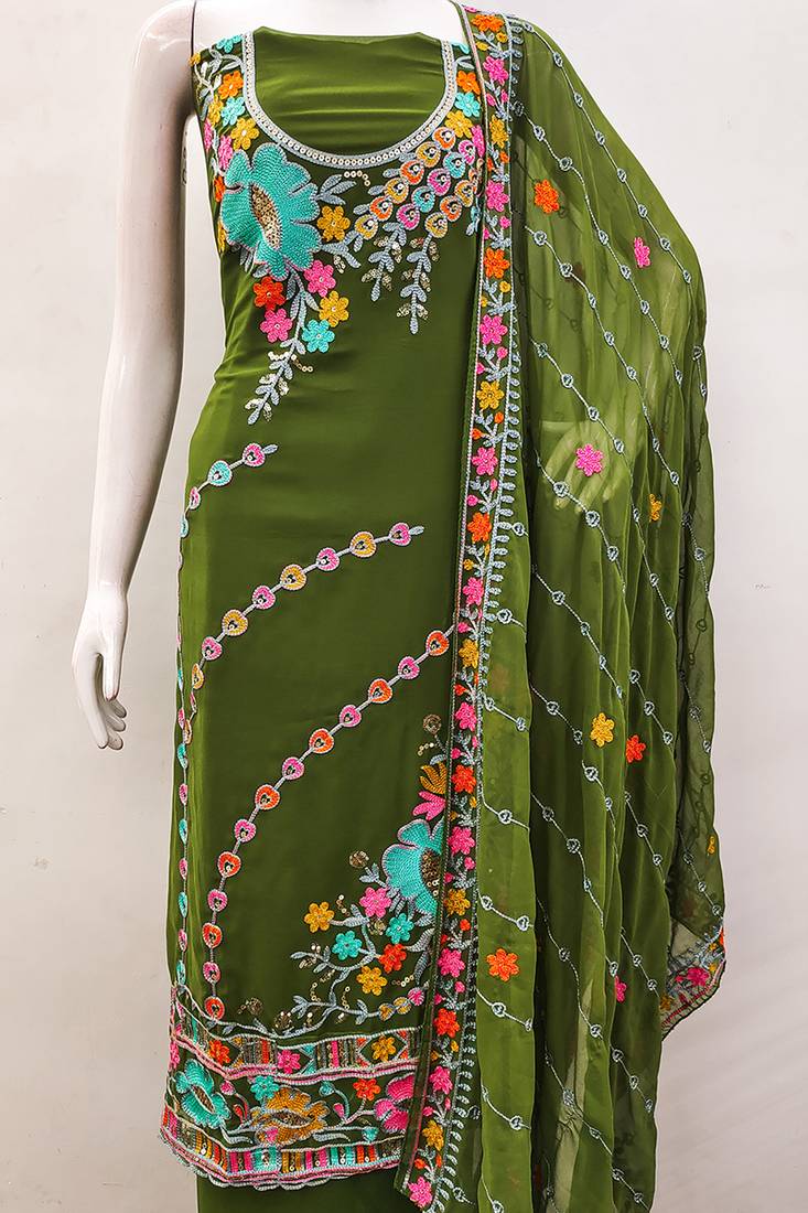 Olive green georgette sequin & floral pattern multicolor thread work kurta bottom dupatta