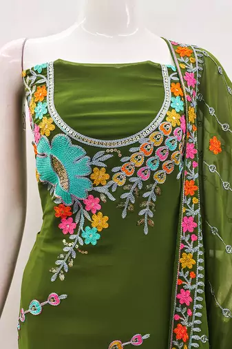 Olive green georgette sequin & floral pattern multicolor thread work kurta bottom dupatta