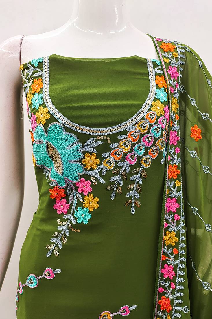 Olive green georgette sequin & floral pattern multicolor thread work kurta bottom dupatta