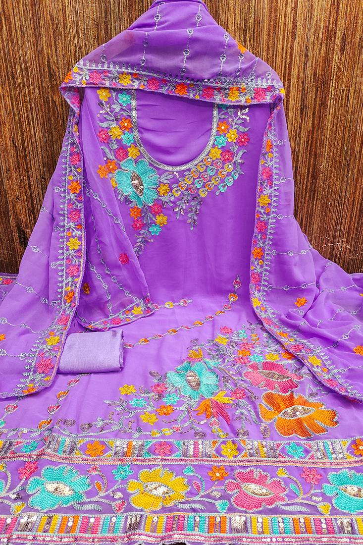 Purple georgette sequin & floral pattern multicolor thread work kurta bottom dupatta