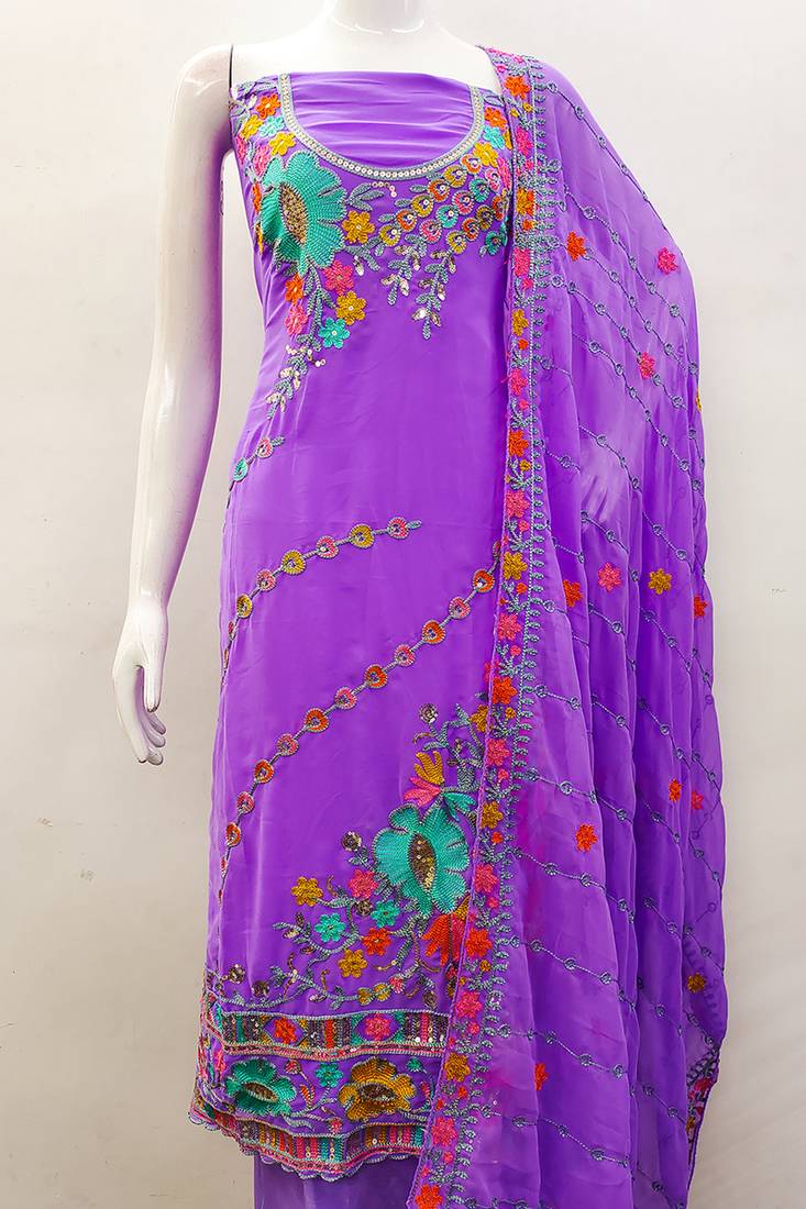 Purple georgette sequin & floral pattern multicolor thread work kurta bottom dupatta