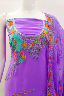Purple georgette sequin & floral pattern multicolor thread work kurta bottom dupatta 4