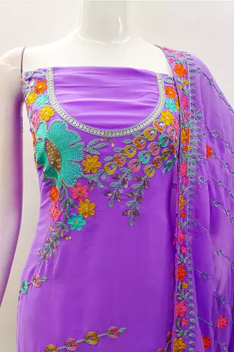 Purple georgette sequin & floral pattern multicolor thread work kurta bottom dupatta
