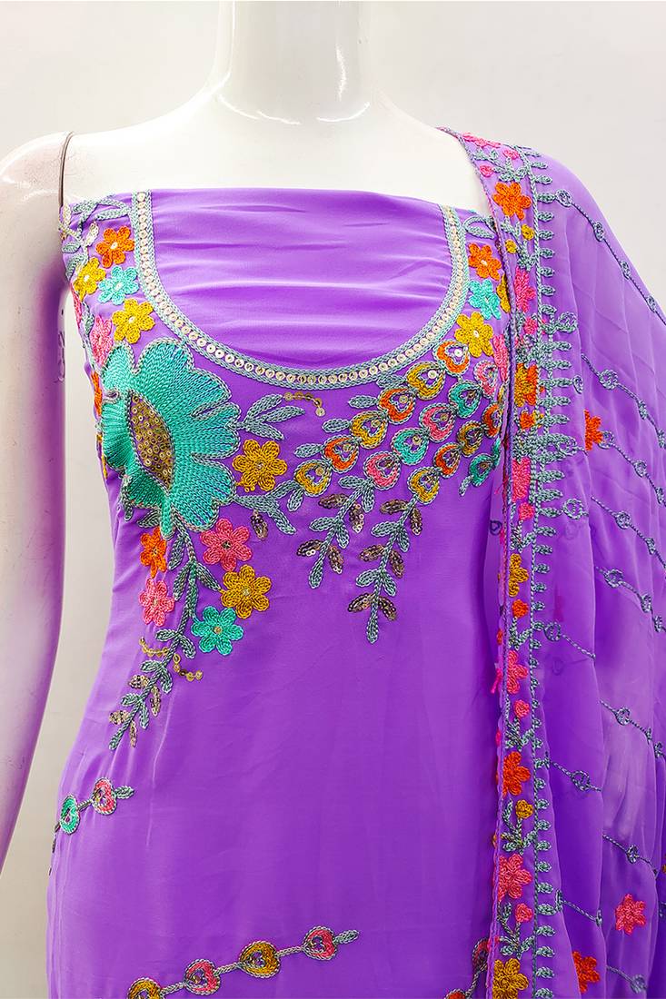 Purple georgette sequin & floral pattern multicolor thread work kurta bottom dupatta