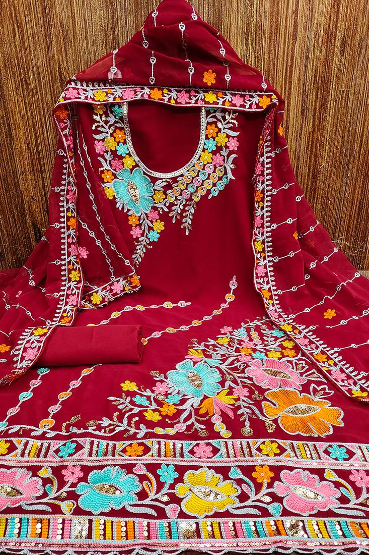 Red georgette sequin & floral pattern multicolor thread work kurta bottom dupatta