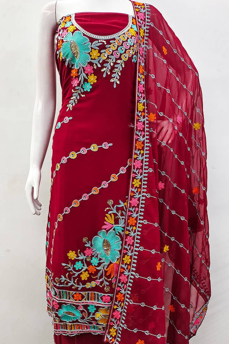 Red georgette sequin & floral pattern multicolor thread work kurta bottom dupatta