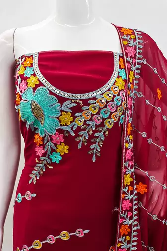 Red georgette sequin & floral pattern multicolor thread work kurta bottom dupatta