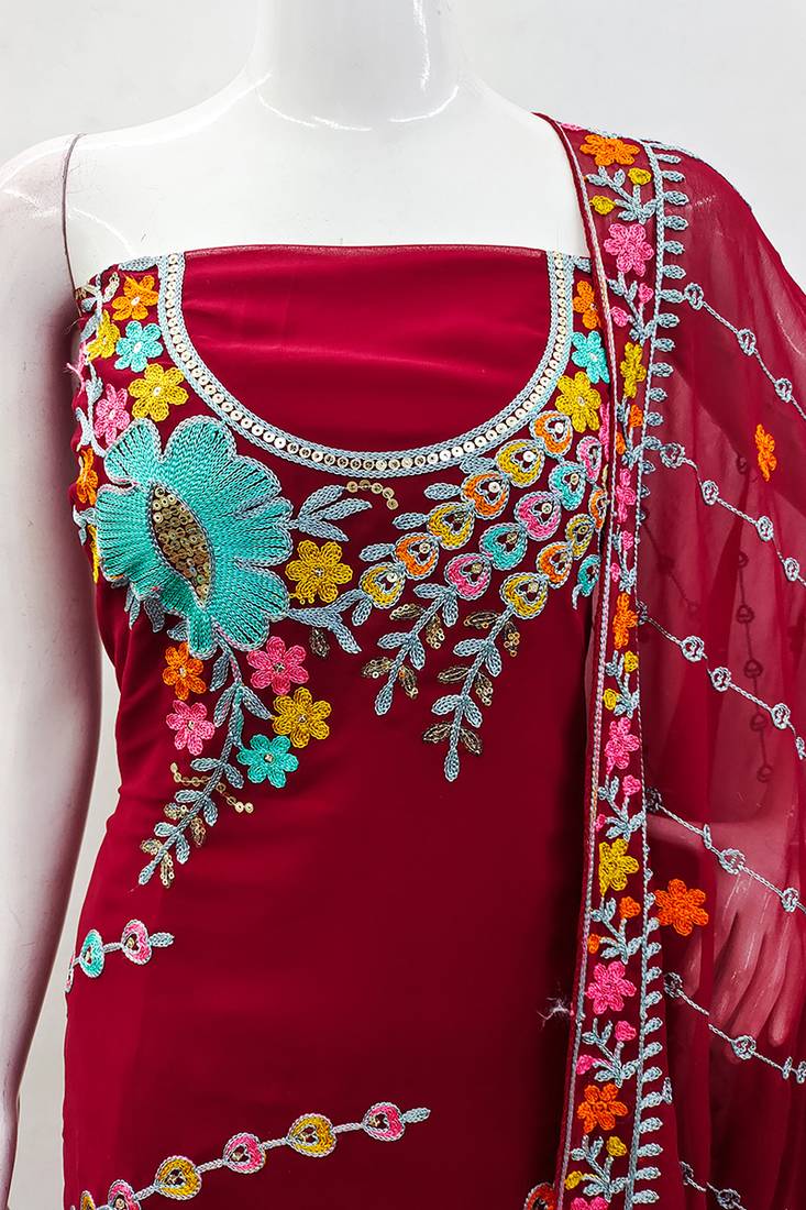 Red georgette sequin & floral pattern multicolor thread work kurta bottom dupatta